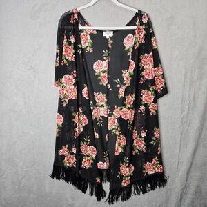 Lily Siren Plus Size 3X Sheer Floral Kimono Duster with Fringe Black Robe